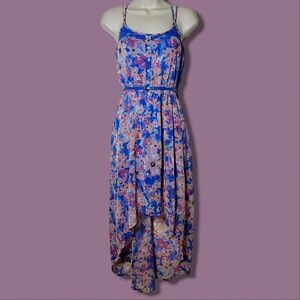 Candie's High-Low Floral Belted Strappy Blue & Pink Dress